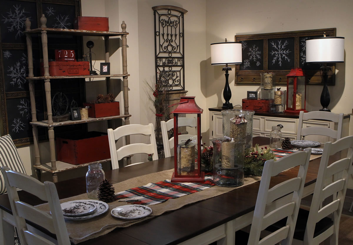 The designers at Ashley Furniture in Ballwin, Missouri, set up several holiday decor scenes in their showroom on Manchester Road.