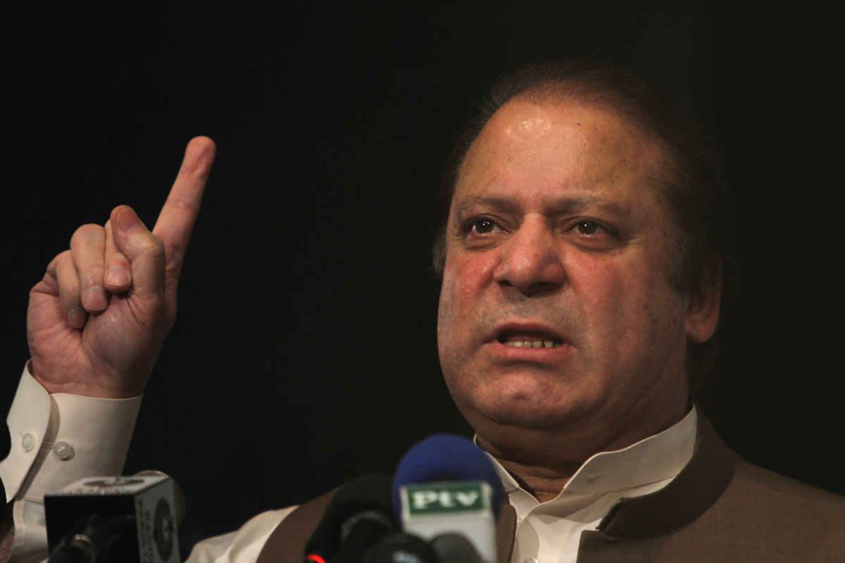 Nawaz Sharif addresses party workers in Lahore, Pakistan, on Monday.