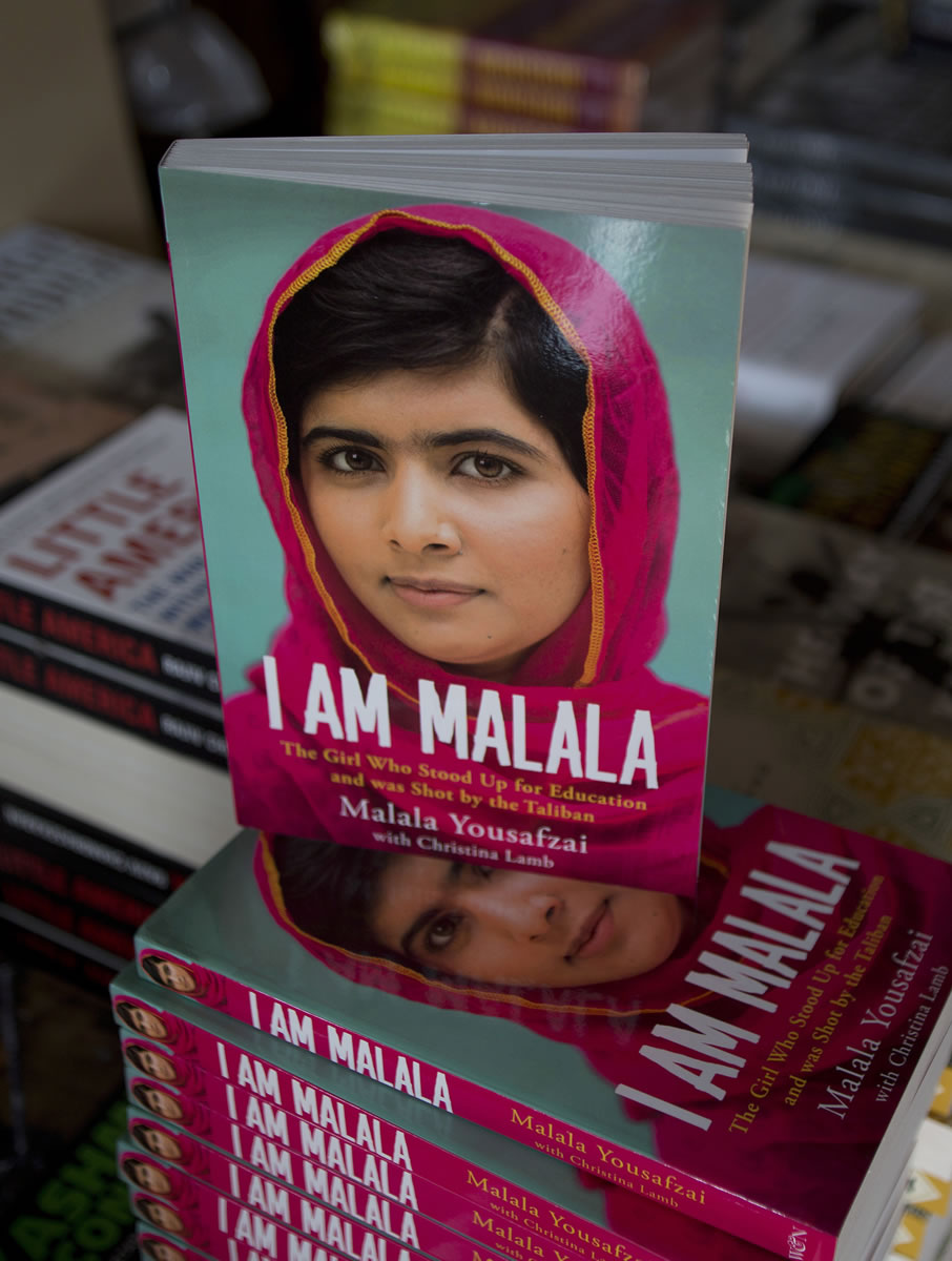 Copies of a newly published book about Malala Yousafzai are on display Tuesday at a bookshop in Islamabad, Pakistan.