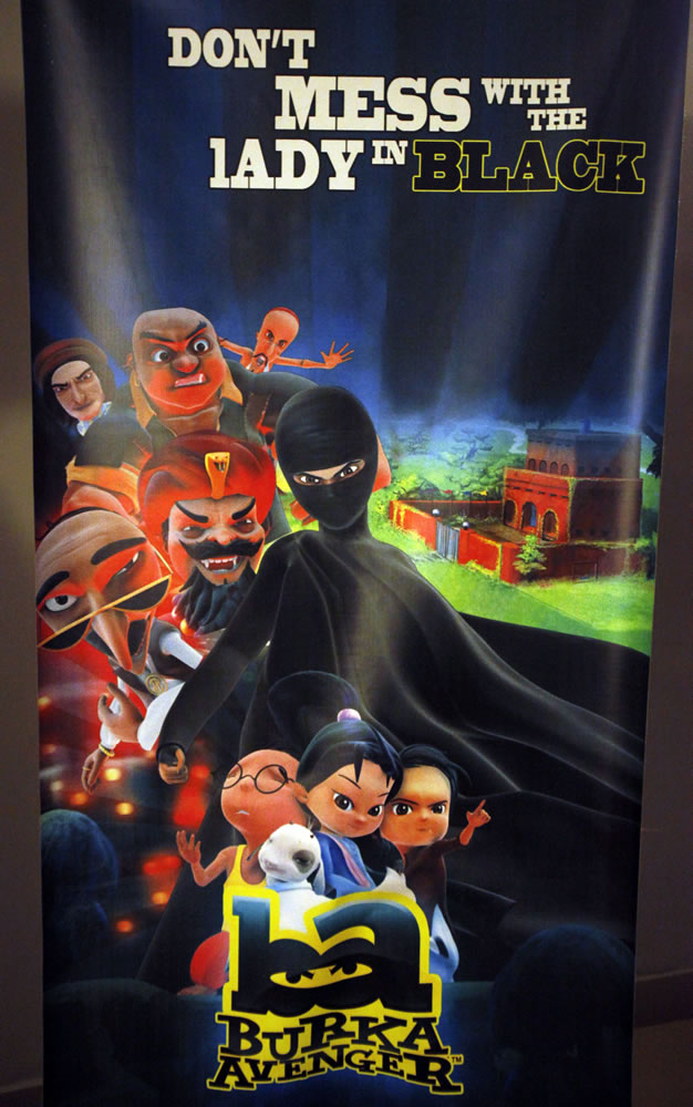 A poster of animated Burka Avenger series is displayed at an office in Islamabad, Pakistan, on Wednesday.