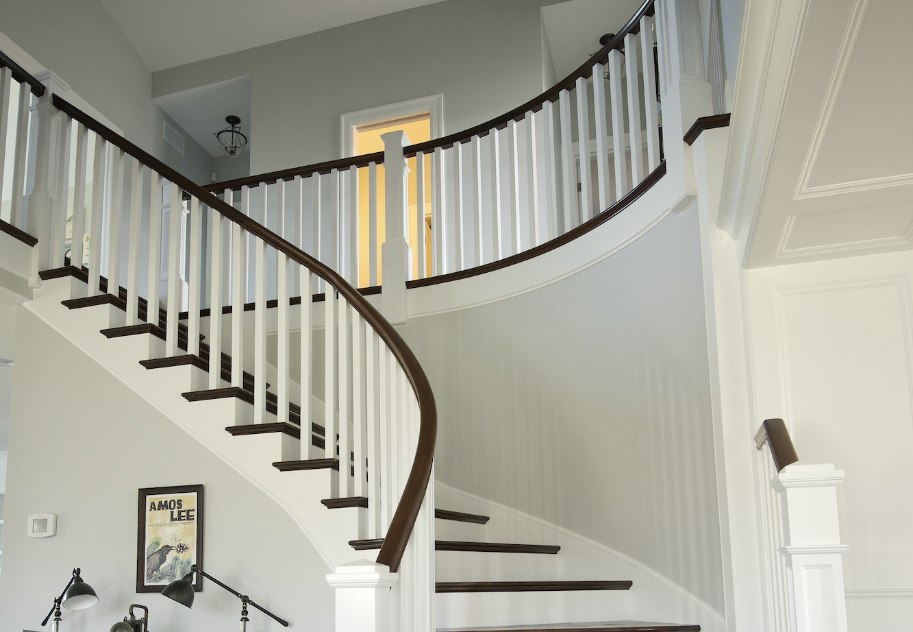 This sweeping staircase is one of several dramatic design elements featured in the award-winning The Nantucket, a showcase model displayed in the 2013 NW Natural Parade of Homes, held in July.