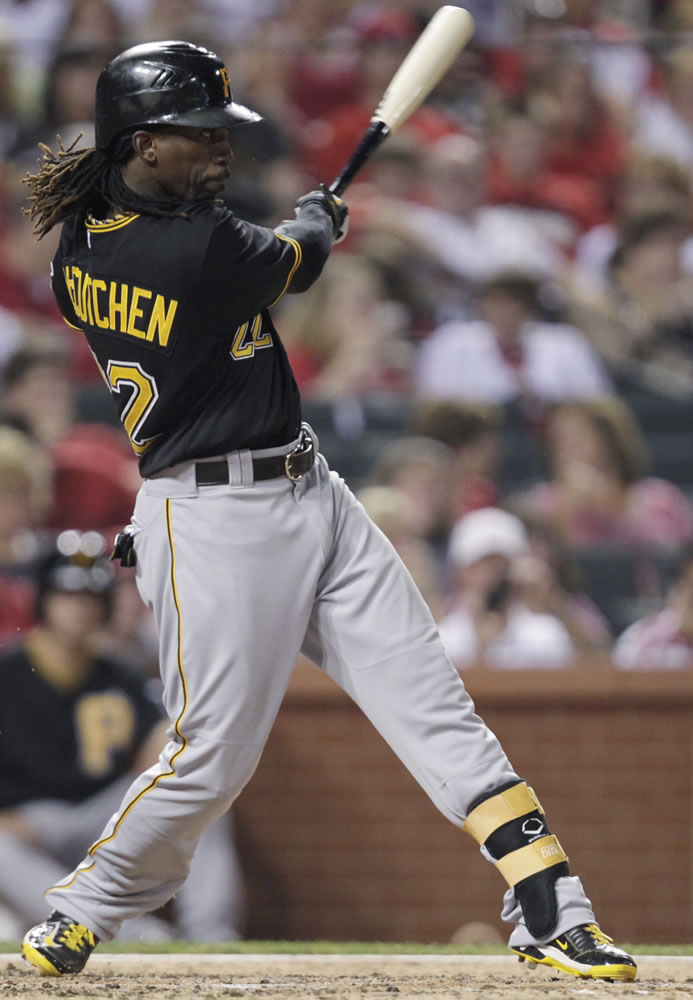 Pittsburgh Pirates' Andrew McCutchen connects for a single, his third hit of the game, in the sixth inning of a baseball game against the St. Louis Cardinals, Friday, June 29, 2012, in St.
