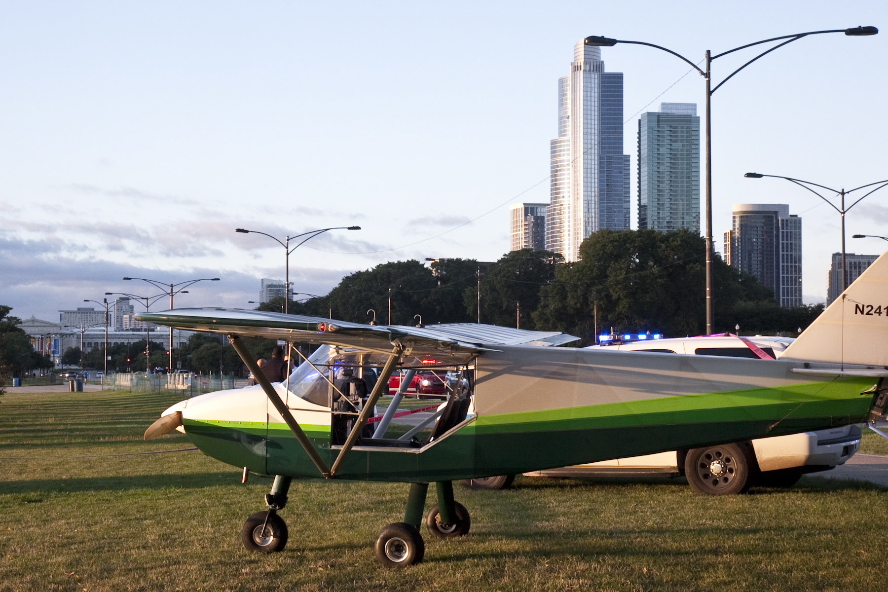 A plane is landed near Lake Shore Drive in Chicago early Sunday, Sept. 22, 2013 after the pilot made an emergency landing because of mechanical issues. Pilot John Pederson landed in the northbound lanes of Lake Shore Drive near Grant Park, authorities said.
