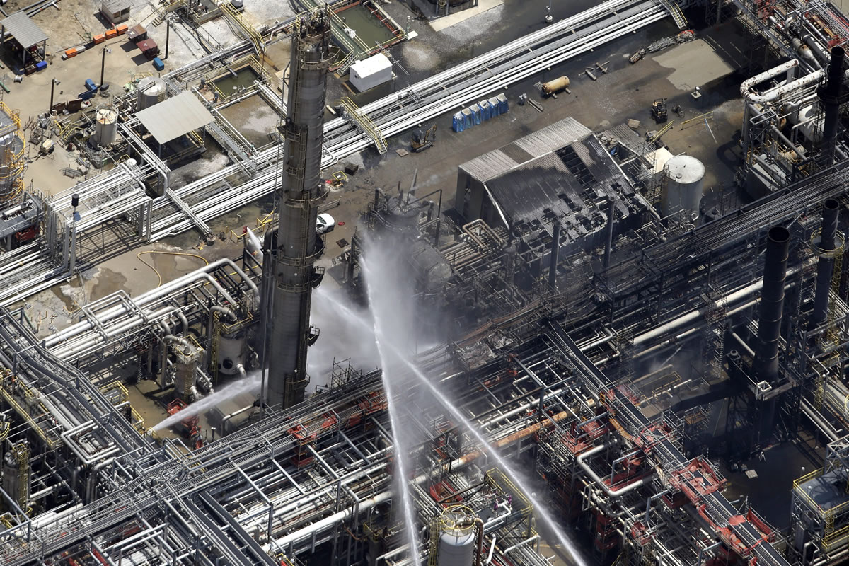 A chemical plant fire is seen in an aerial photo about 20 miles southeast of Baton Rouge, in Geismer, La., on Thursday.