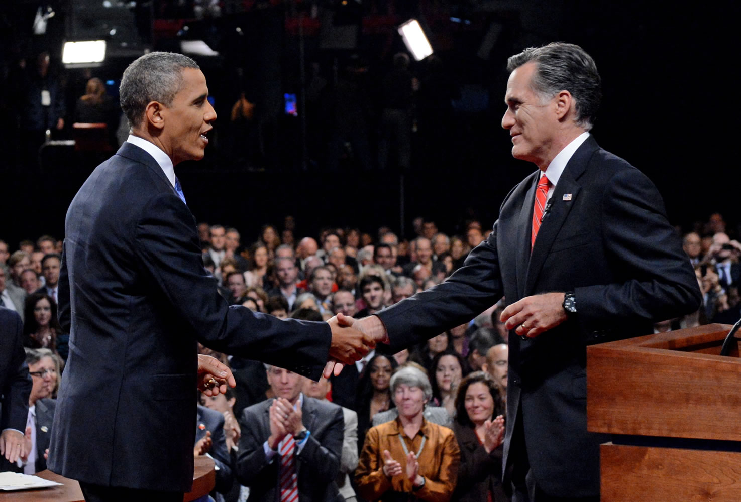 President Barack Obama shakes hands with Republican presidential nominee Mitt Romney after the first presidential debate at the University of Denver, Wednesday in Denver.