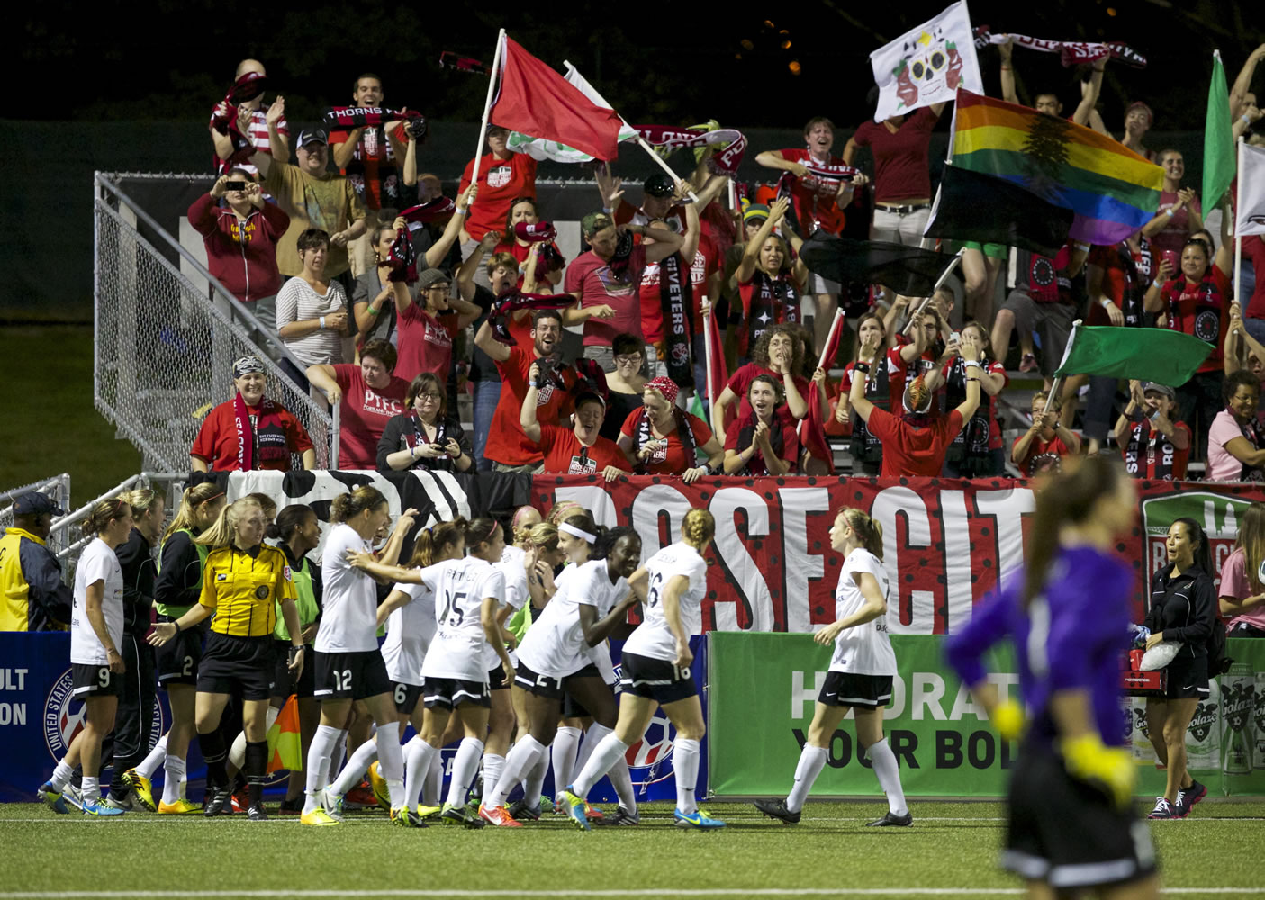 Fans celebrate with the Portland Thorns after Christine Sinclair  shot the winning goal to give the Thorns a 2-1 win over the Seattle Reign during the Thorns' final match of the regular season Saturday  in Tukwila.