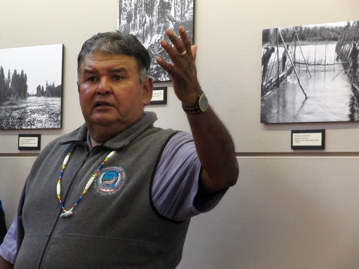 Ernie Williams, a member of the Colville Confederated Tribes, describes historic fish runs on the Columbia River on Thursday, in Bridgeport.