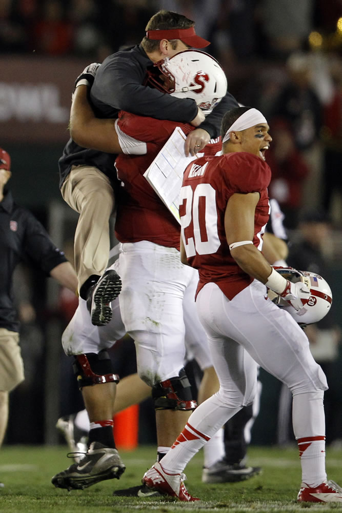 Stanford wide receiver Keanu Nelson celebrates with other members of the team following their 20-14 win over Wisconsin in the Rose Bowl on Tuesday.