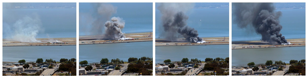 This combination of photos provided by Dawn Siadatan shows Asiana Airlines flight 214  just moments after crashing at the San Francisco International Airport in San Francisco, Saturday, July 6, 2013. The Asiana Airlines Boeing 777 crashed while landing after a likely 10-hour-plus flight from Seoul, South Korea. The flight originated in Shanghai and stopped in Seoul before the long trek to San Francisco.