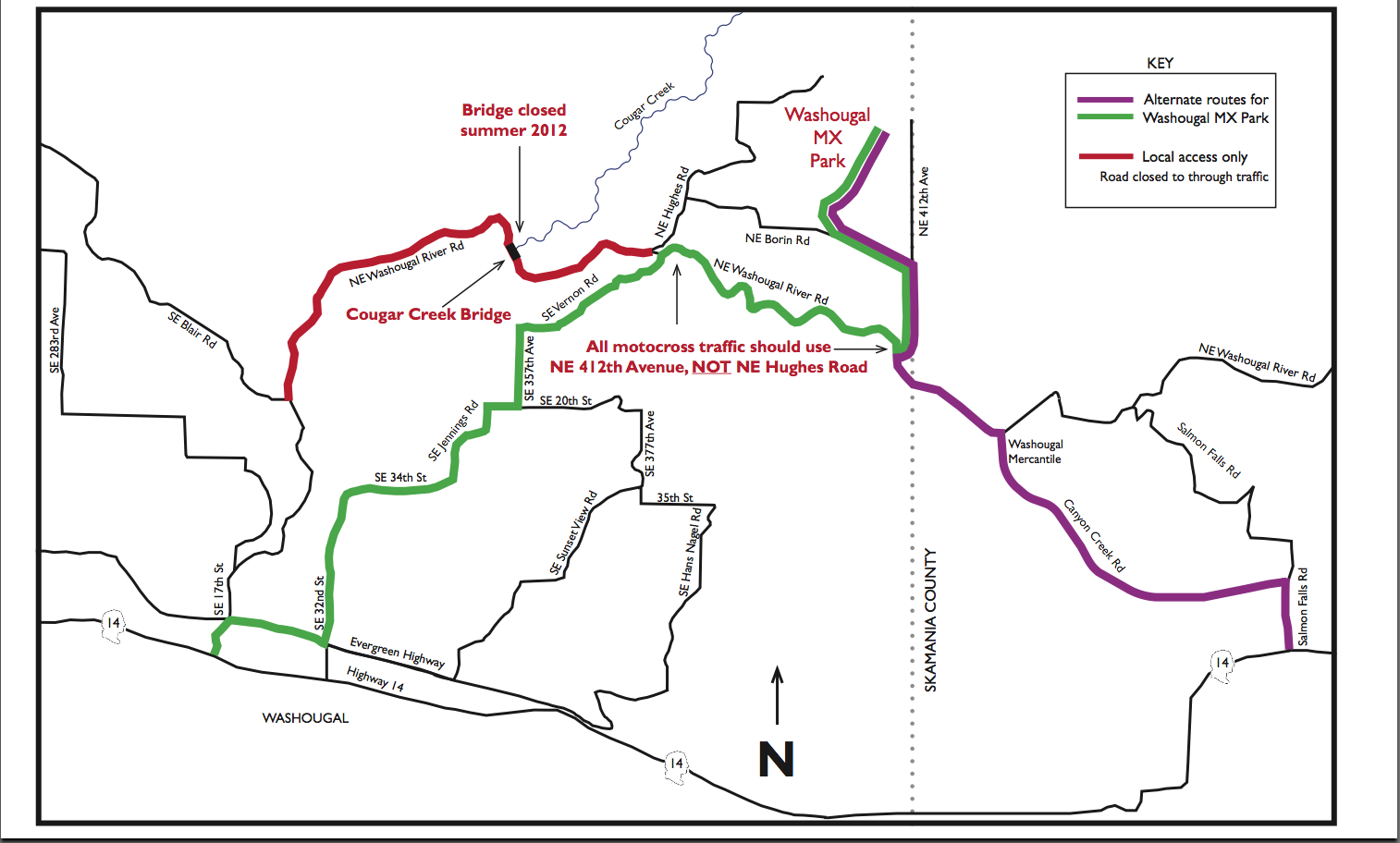 Alternate routes to the Washougal MX Park while the Cougar Creek Bridge is replaced this summer.