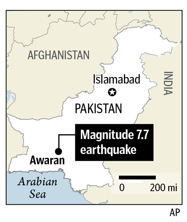 Earthquake in Pakistan, centered about 30 miles north of the town of Arawan, Sept. 24, 2013.