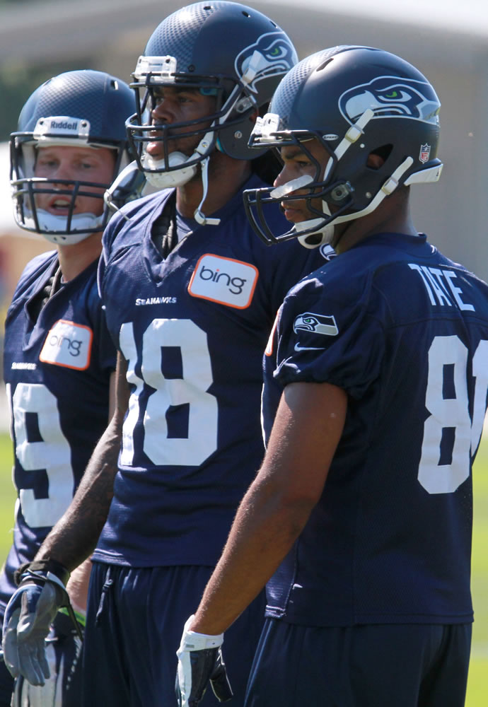 Seattle Seahawks wide receivers, from left, Bryan Walters, Sidney Rice and Golden Tate.
