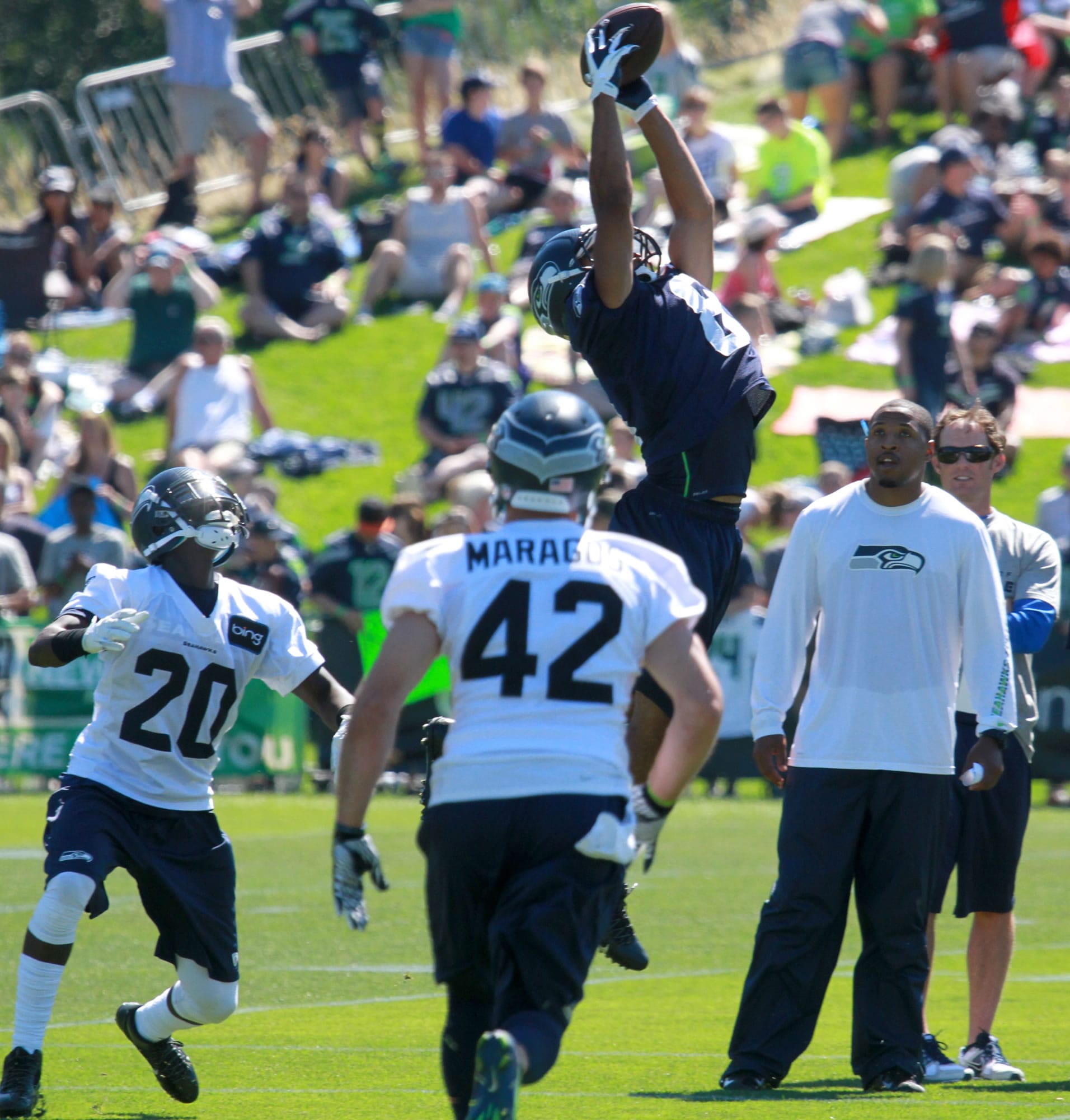 Golden Tate makes catch during the NFL football team's training camp Friday in Renton.
