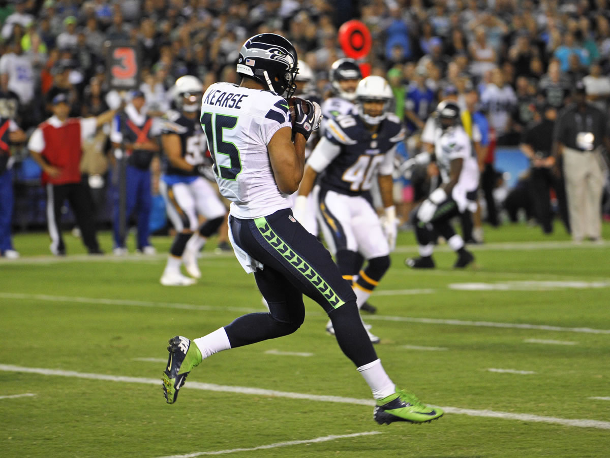 Seattle Seahawks wide receiver Jermaine Kearse pulls in a 11-yard touchdown pass from Brady Quinn in the second quarter Thursday at San Diego.