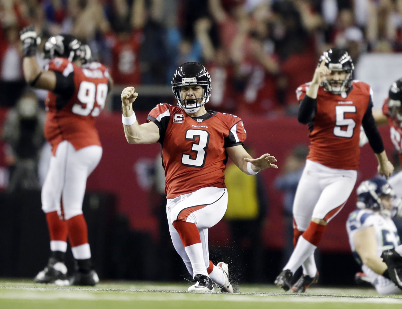 Atlanta Falcons kicker Matt Bryant (3) celebrates his game-winning field goal against the Seattle Seahawks in the closing seconds of Sunday's NFC divisional playoff game at the Georgia Dome.