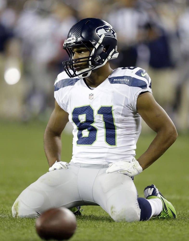 Seattle Seahawks' Golden Tate reacts after an incomplete pass Friday in Green Bay.