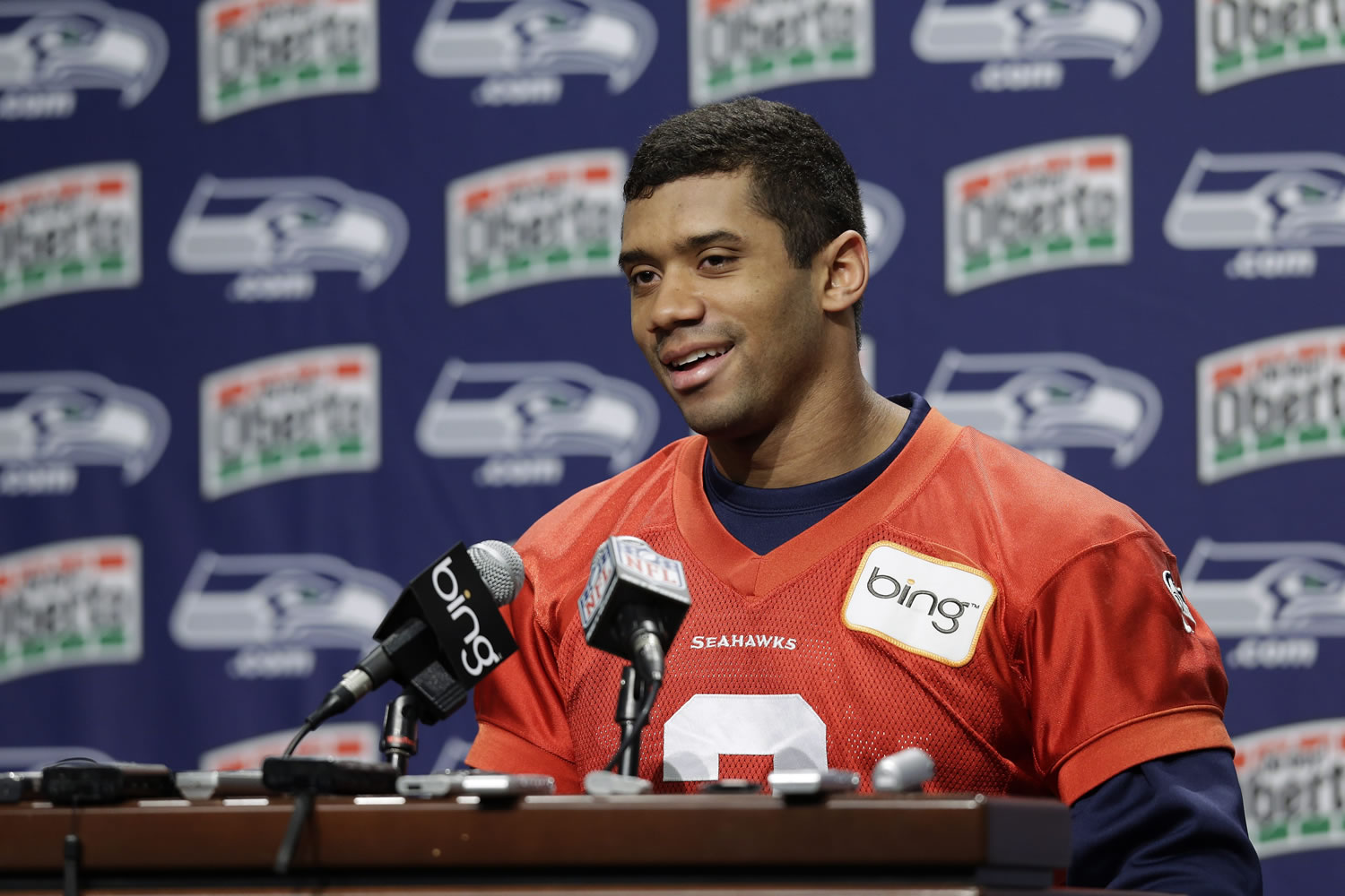 Seattle Seahawks quarterback Russell Wilson takes command of the press conference on Thursday in Renton.