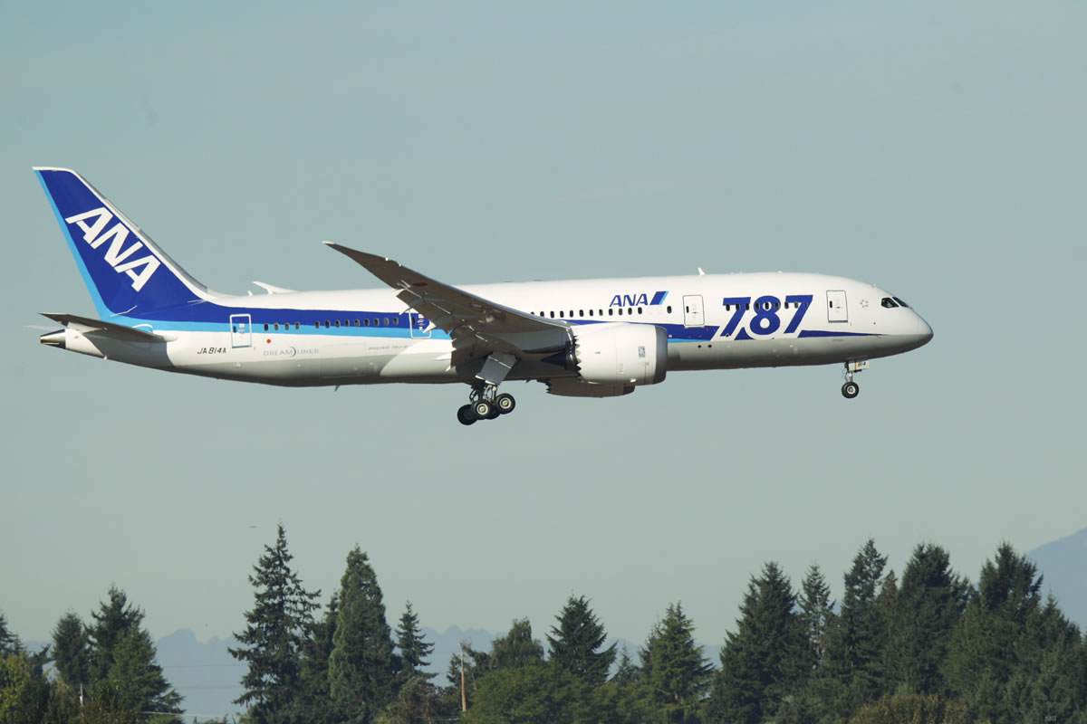 A Boeing 787 operated by All Nippon Airways comes in for a landing at Seattle-Tacoma International Airport in this file photo.