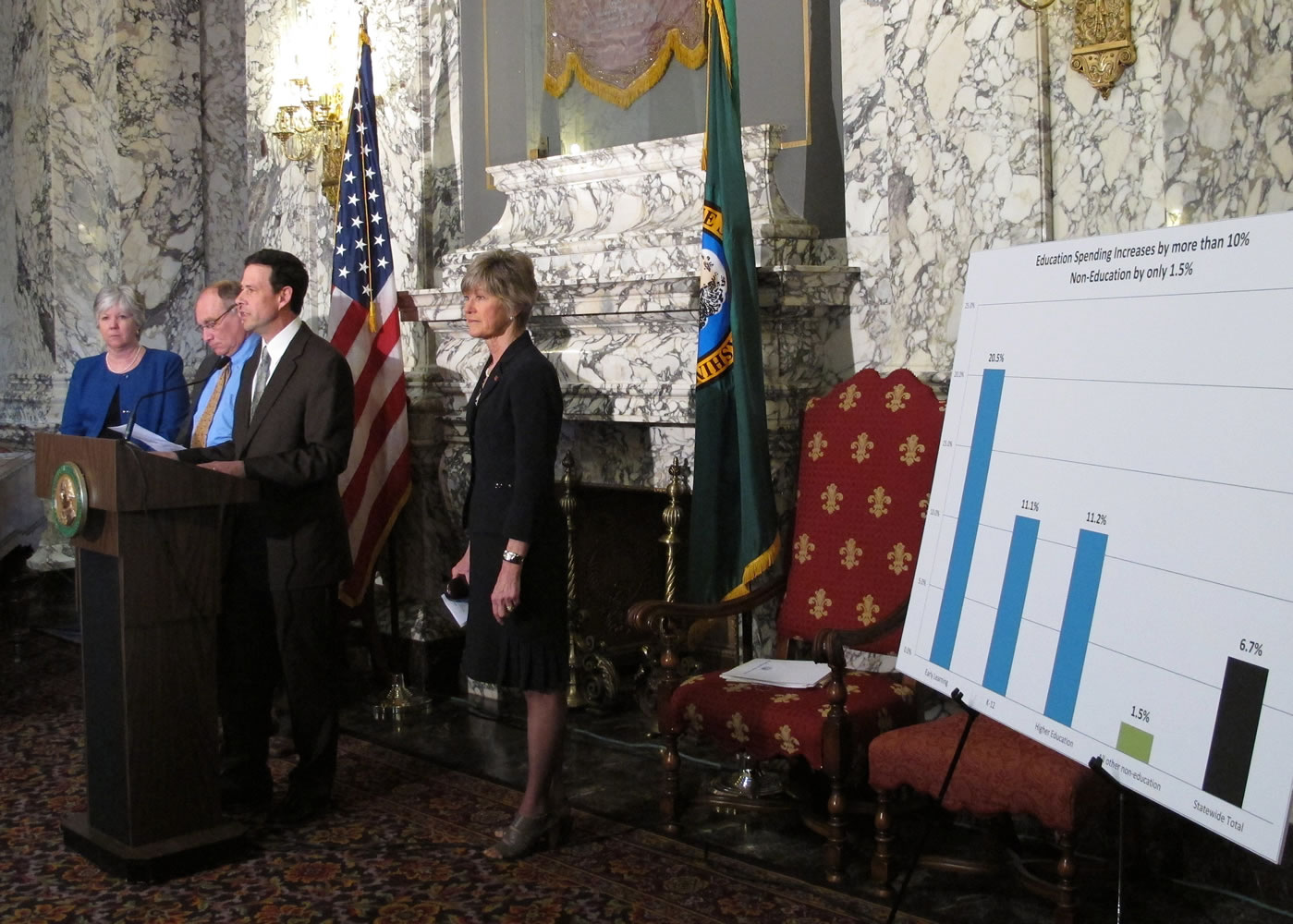 Sen. Andy Hill, R-Redmond, second from right, speaks about the chamber's budget proposal, joined by Sens. Sharon Nelson, D-Maury Island, and Jim Hargrove, D-Hoquiam, left, and Sen.
