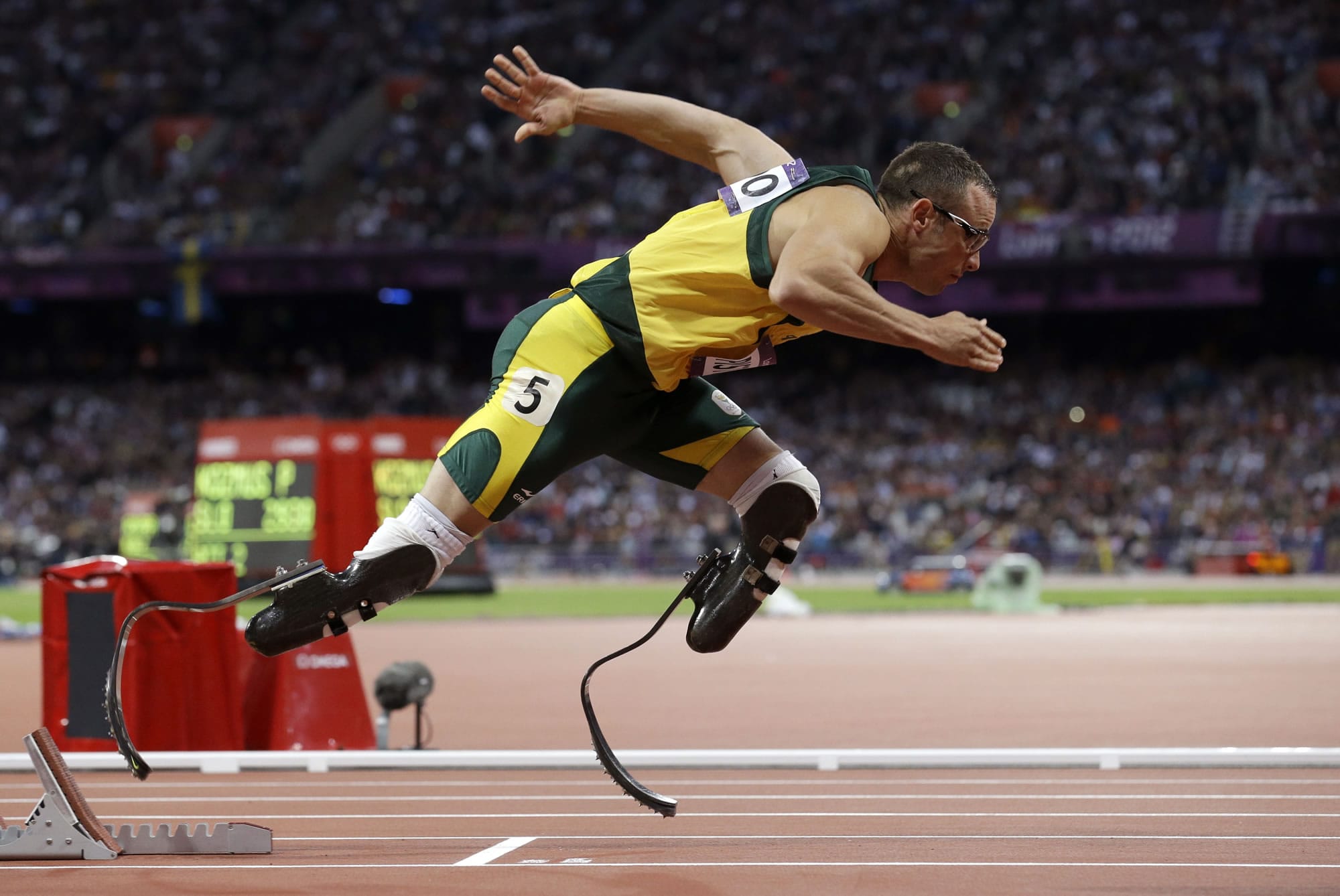 South Africa's Oscar Pistorius starts in the men's 400-meter semifinal during the 2012 Summer Olympics in London.