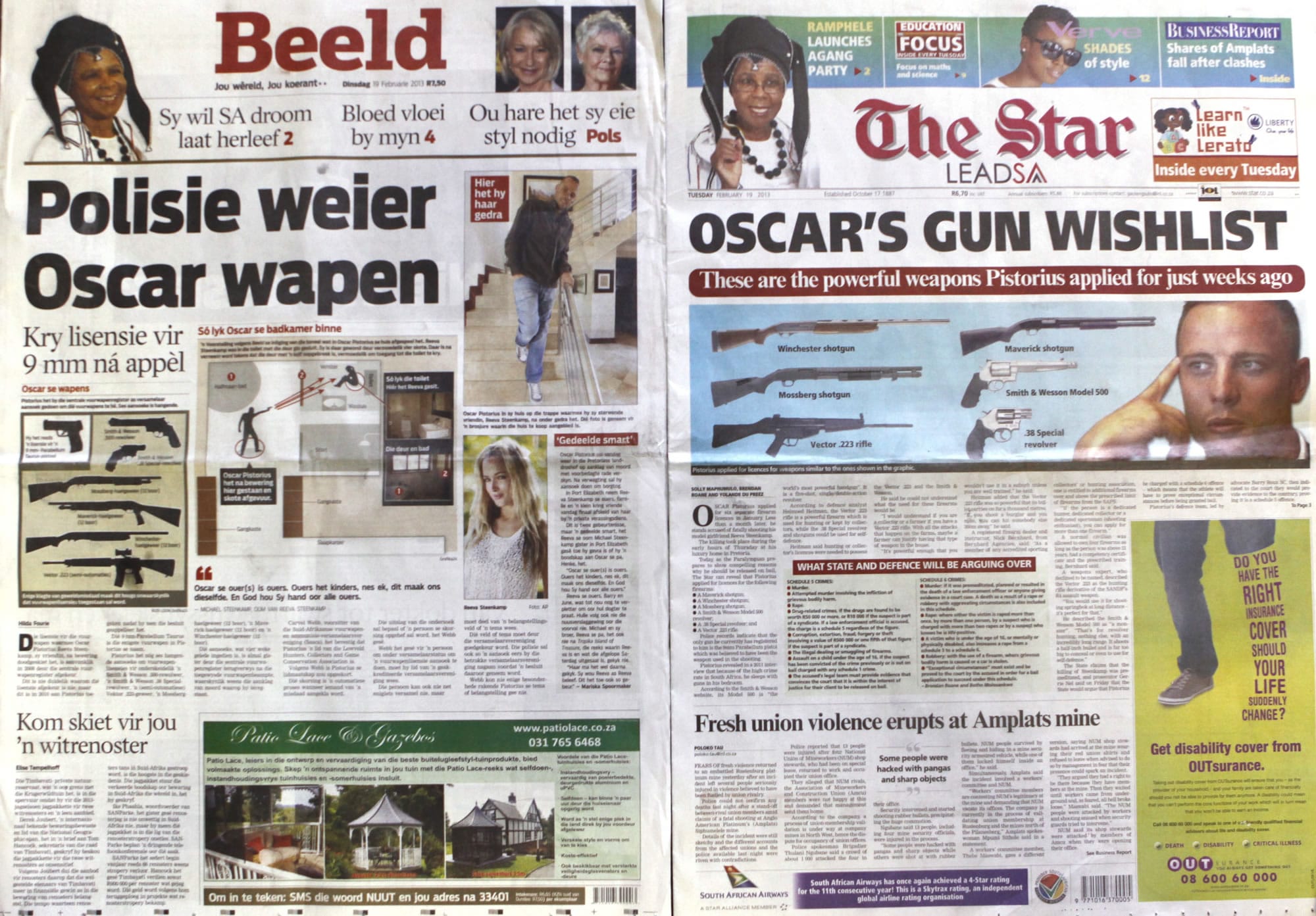 Two Tuesday newspaper headlines carrying the news of Olympian Athlete Oscar Pistorius' applications for six firearms are photographed in Johannesburg.