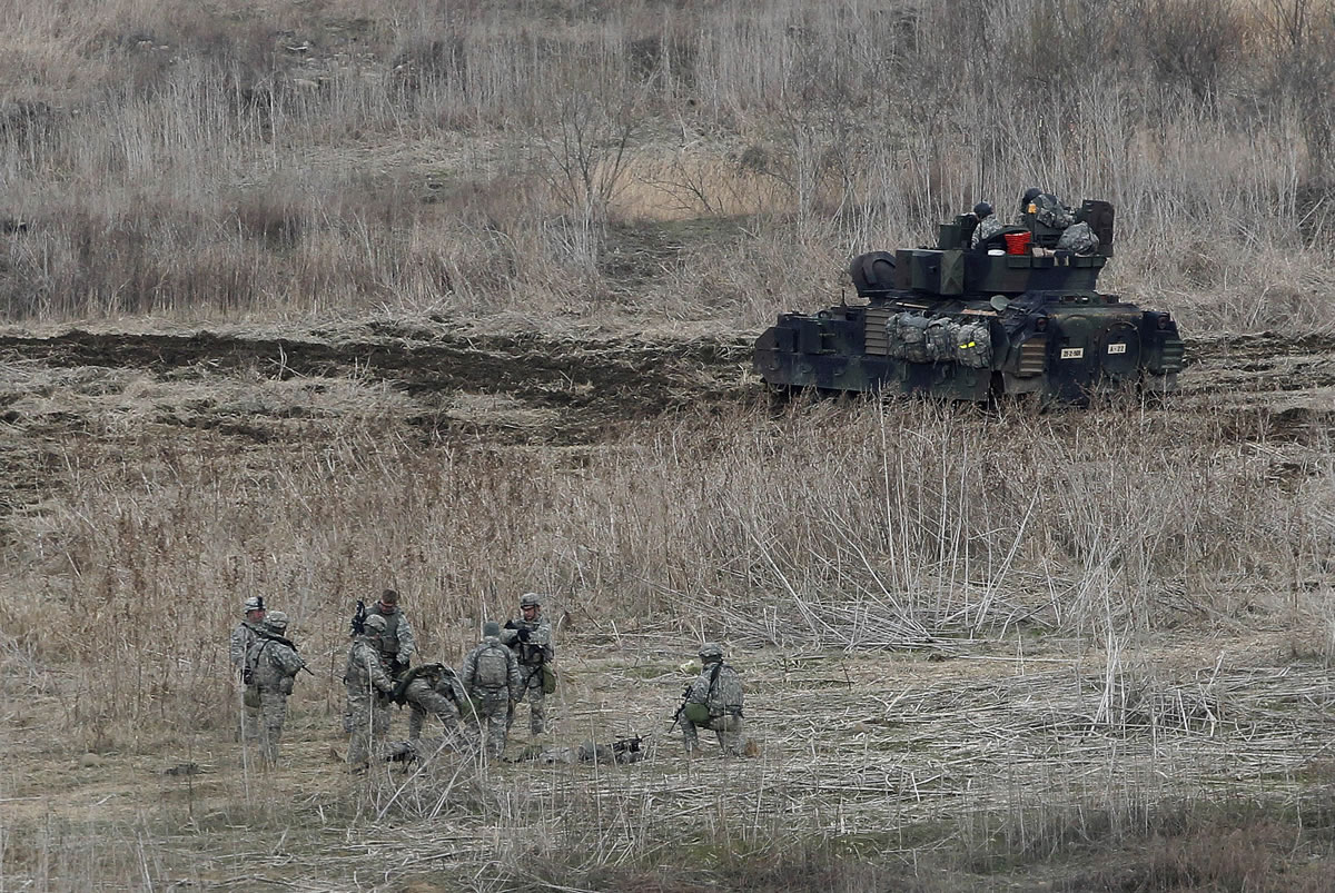 U.S. Army soldiers conduct their annual military drills in Yeoncheon, South Korea, near the border with North Korea, on Tuesday.