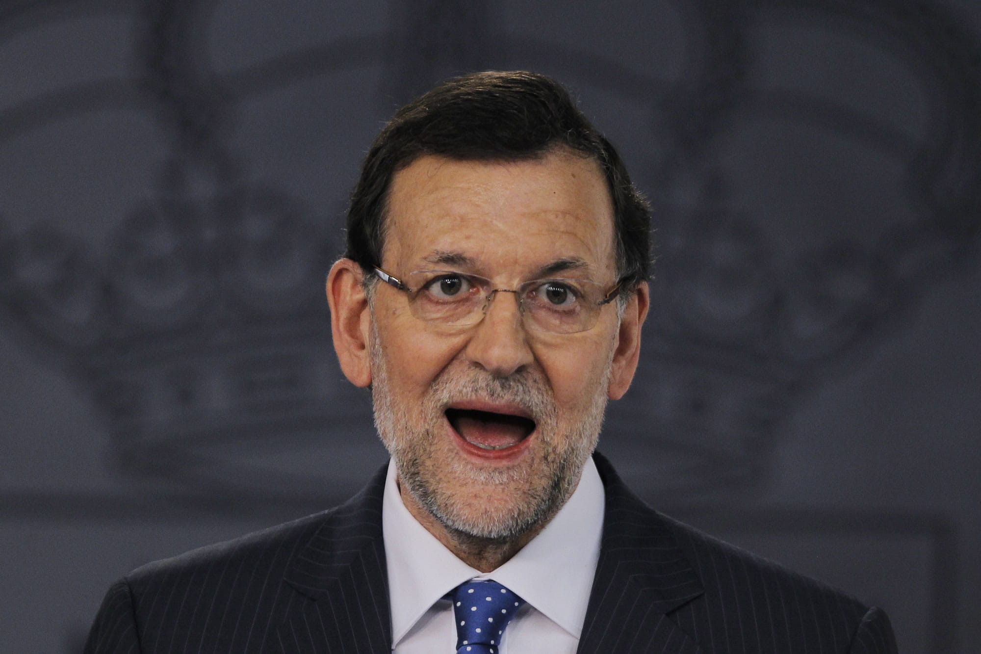 Spain's Prime Minister Mariano Rajoy speaks during a meeting with Poland's Prime Minister Donald Tuskat at the Moncloa Palace in Madrid, Spain, on Monday.