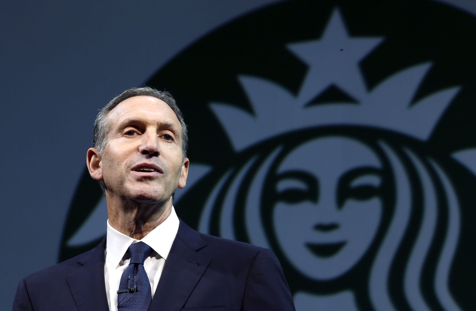 Starbucks CEO Howard Schultz speaks at the company's annual shareholders meeting in March in Seattle. From Wednesday to Friday the coffee chain is offering a free tall brewed coffee to any customer in the U.S.