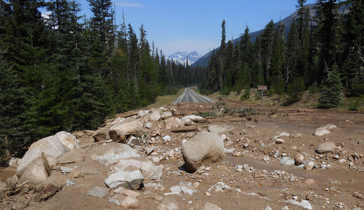 A massive mud and rock slide blocking Highway 20 in Washington state near the Easy Pass trail head.