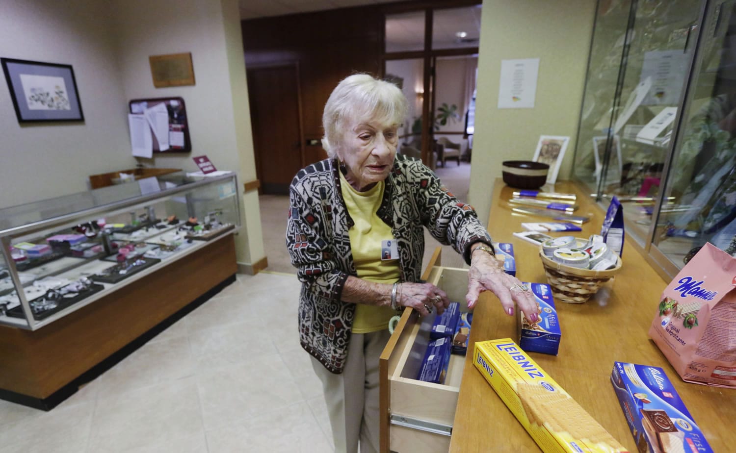 92-year-old Edith Stern works in the gift shop at her retirement home in Chicago.