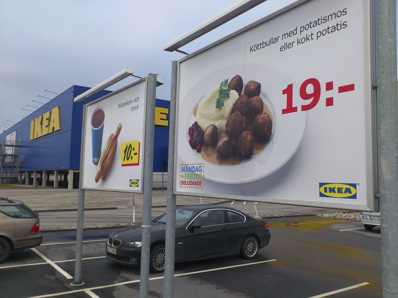 Advertising for Ikea meatballs in the parking area at an Ikea store in Malmo, Sweden, on Monday.