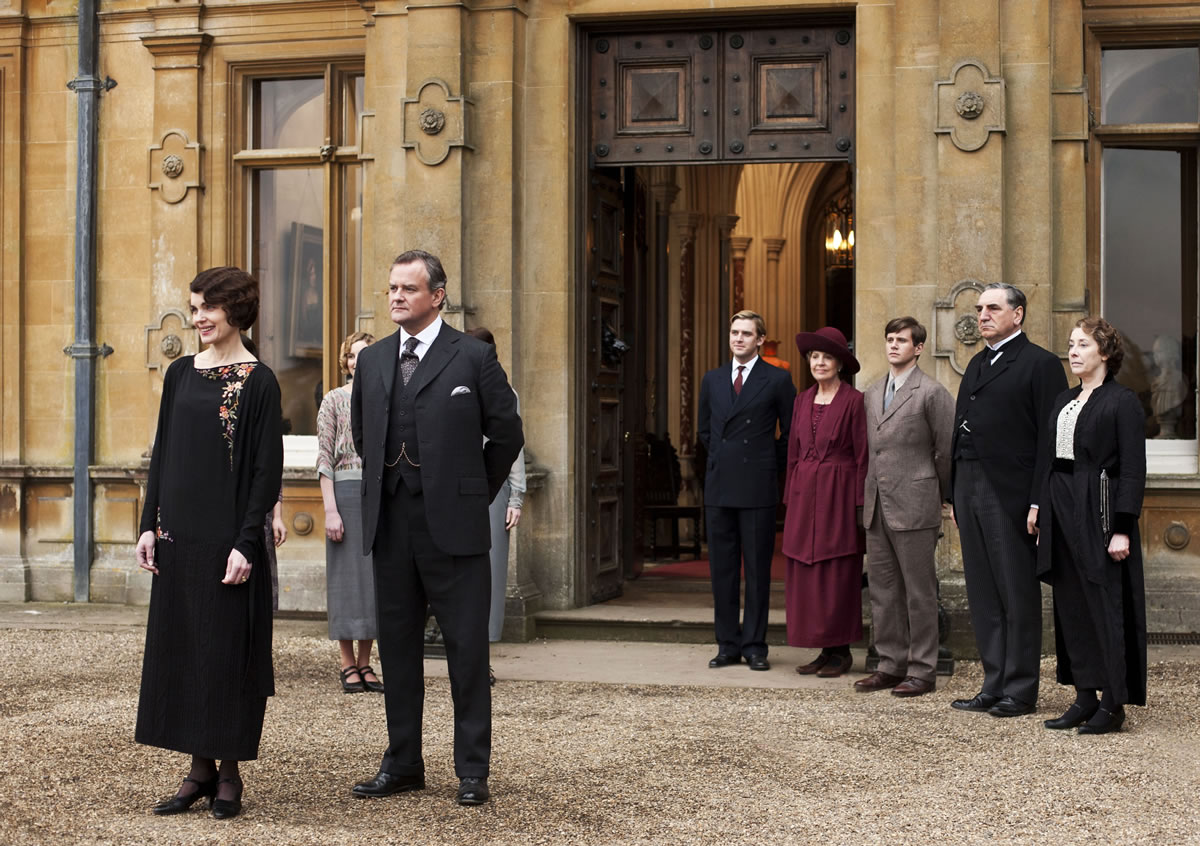 PBS
Elizabeth McGovern plays Lady Grantham, from left, Hugh Bonneville as Lord Grantham, Dan Stevens as Matthew Crawley, Penelope Wilton as Isobel Crawley, Allen Leech as Tom Branson, Jim Carter as Mr. Carson and Phyllis Logan as Mrs. Hughes in an episode of the PBS TV series &quot;Downton Abbey.&quot;