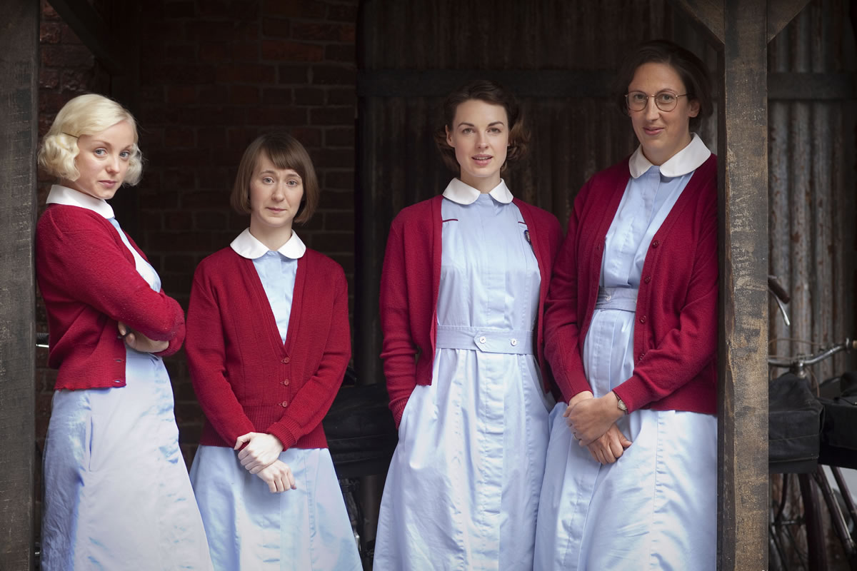 Helen George, from left, Bryony Hannah, Jessice Raine and Miranda Hart star in the PBS series &quot;Call the Midwife.&quot;