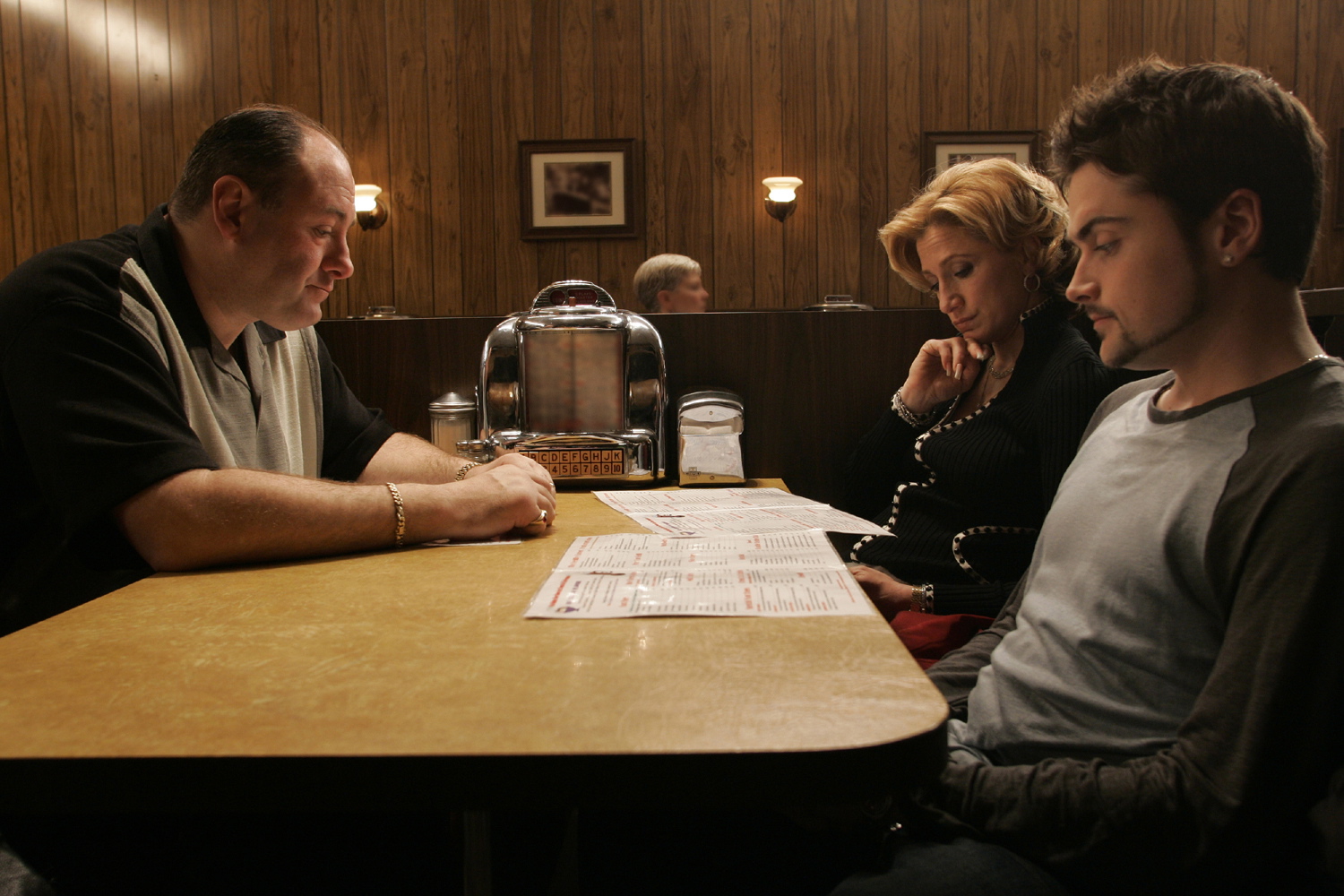 Actors James Gandolfini as Tony Soprano, from left, Edie Falco as Carmela and Robert Iler as Anthony Jr.