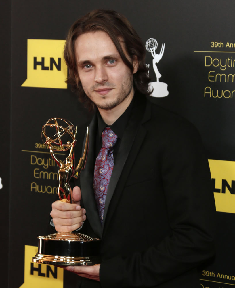 Jonathan Jackson poses backstage with the award for supporting actor in a drama series for &quot;General Hospital&quot; at the 39th Annual Daytime Emmy Awards at the Beverly Hilton Hotel on Saturday.