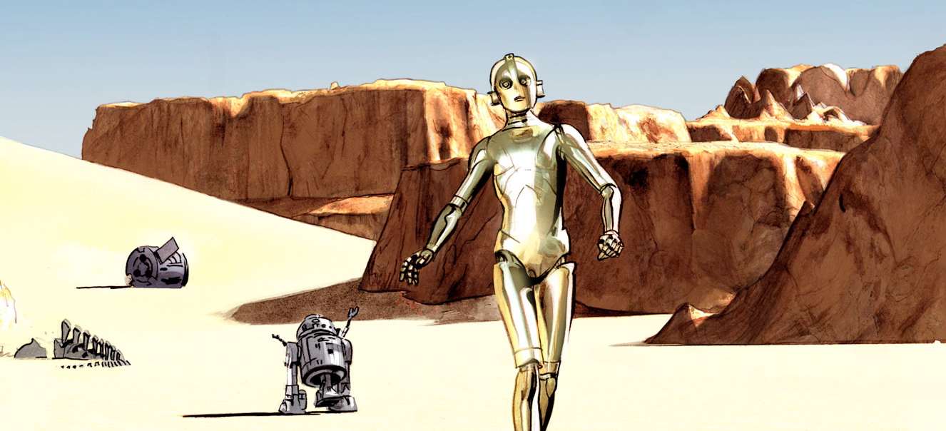 This comic book image provided by Dark Horse Comics shows characters C-3PO, right, and R2-D2 from &quot;The Star Wars,&quot; from the eight-issue mini-series, a 1974 first draft by George Lucas that turned into the popular film.