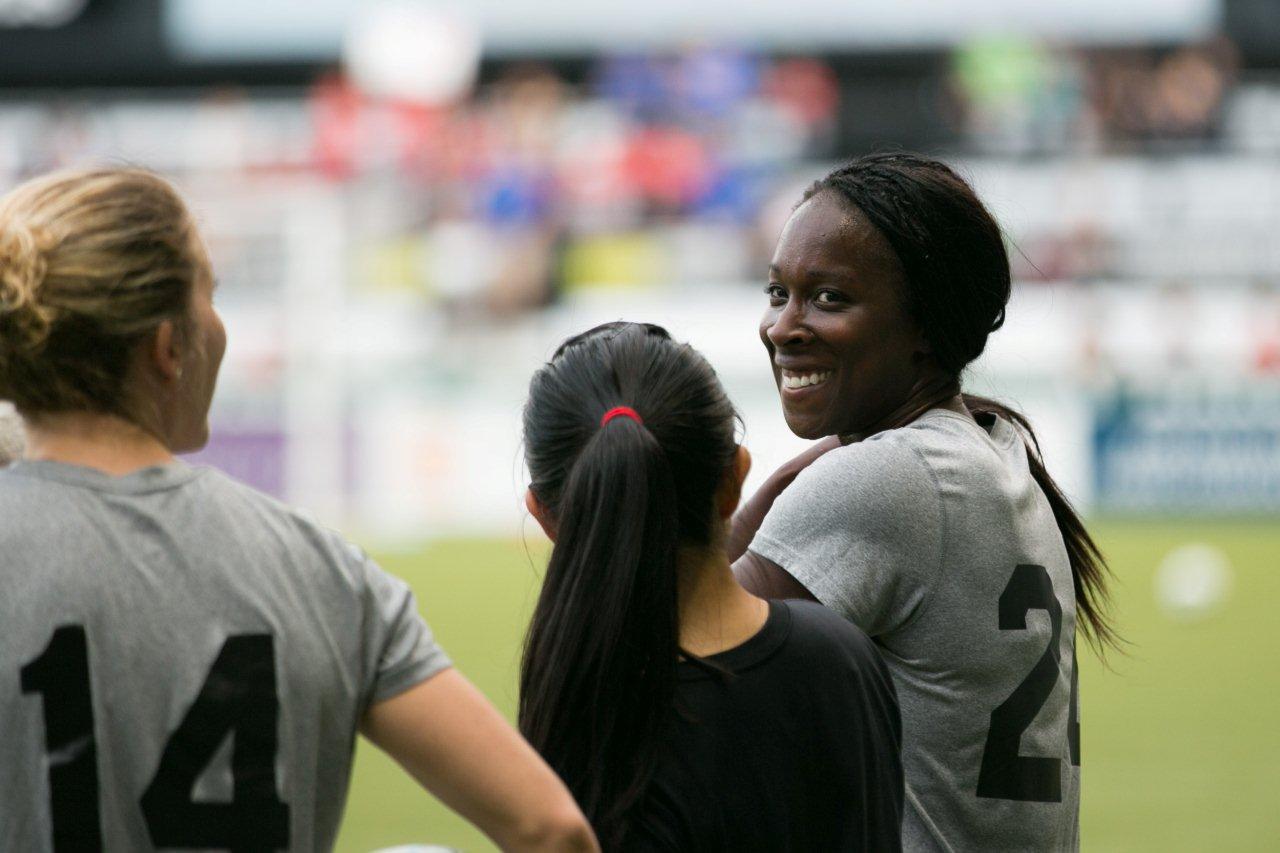 Vancouver resident Tina Ellertson chats before a Portland Thorns game July 31, the day she signed with the National Women's Soccer League club.