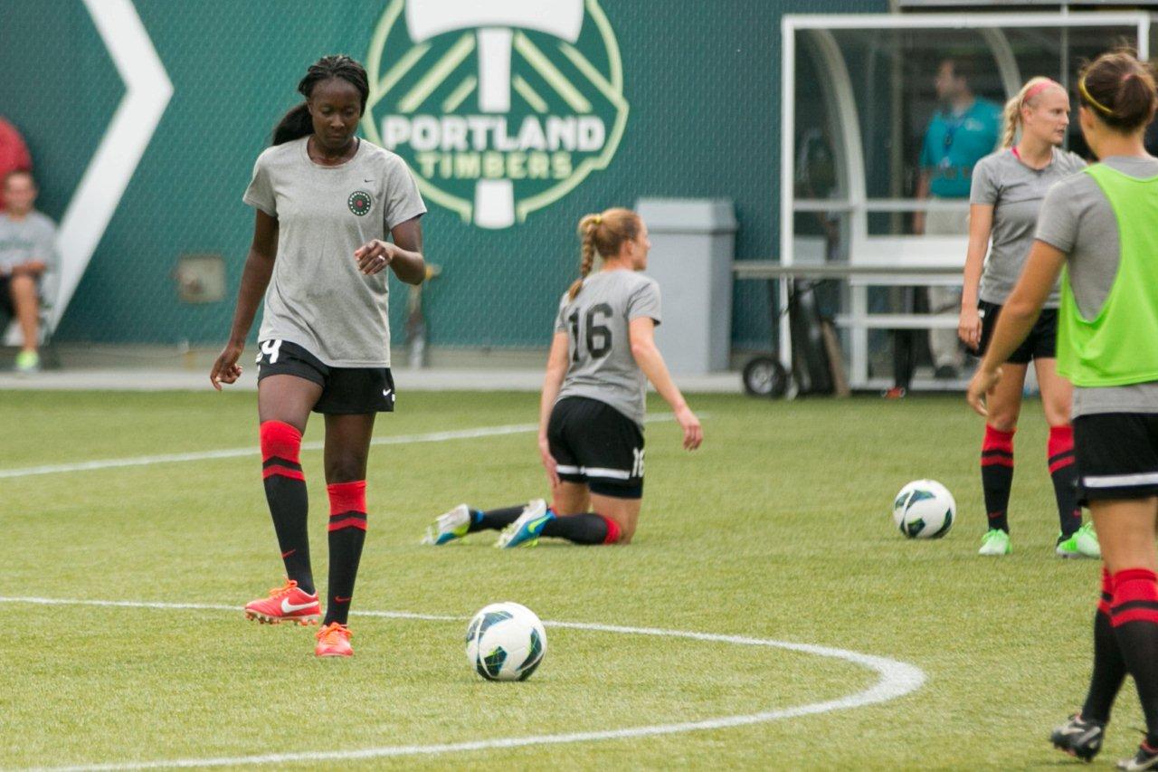 Vancouver resident Tina Ellertson warms up before a Portland Thorns game July 31 at Jeld-Wen Field.