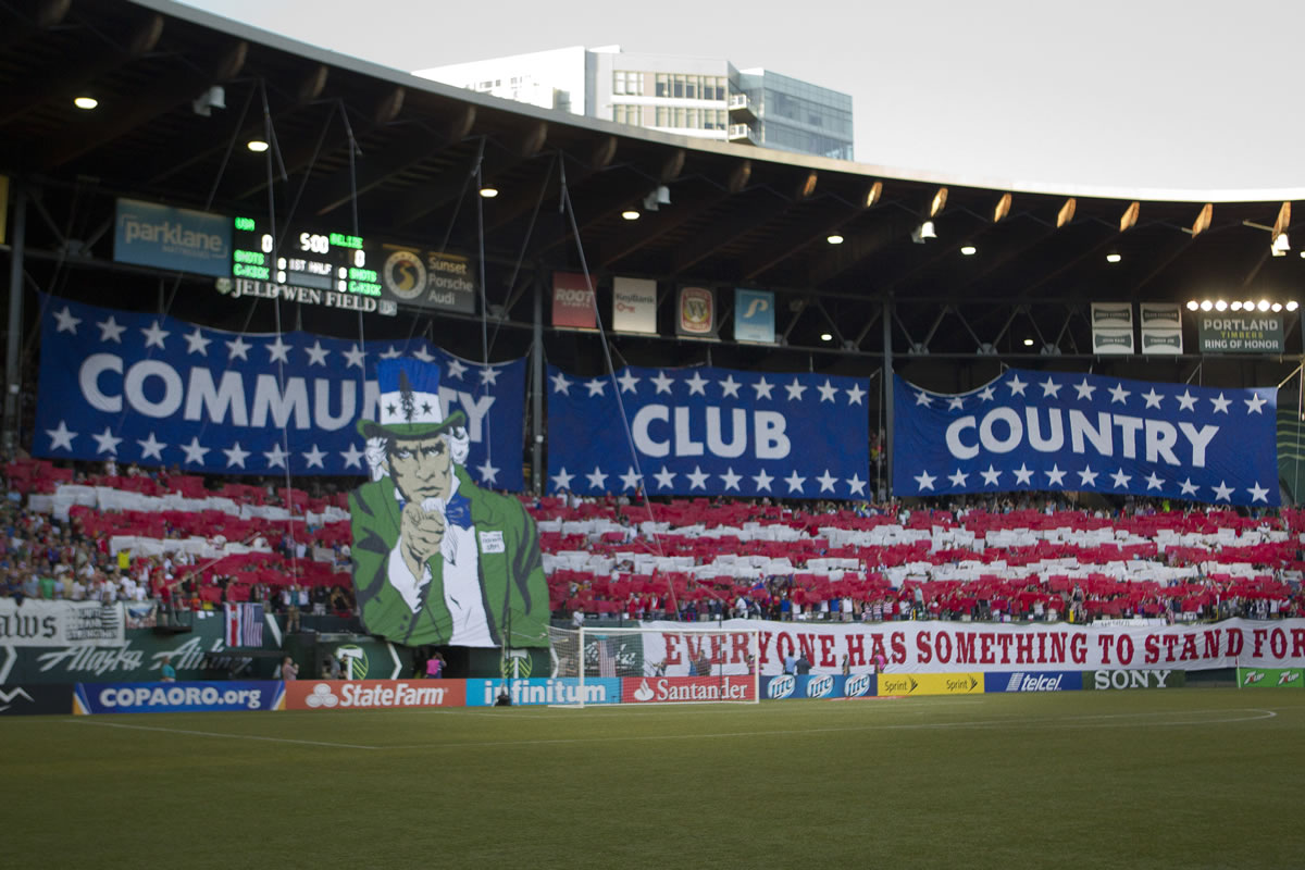 The unfurled tifo at Jeld-Wen Field on Tuesday.