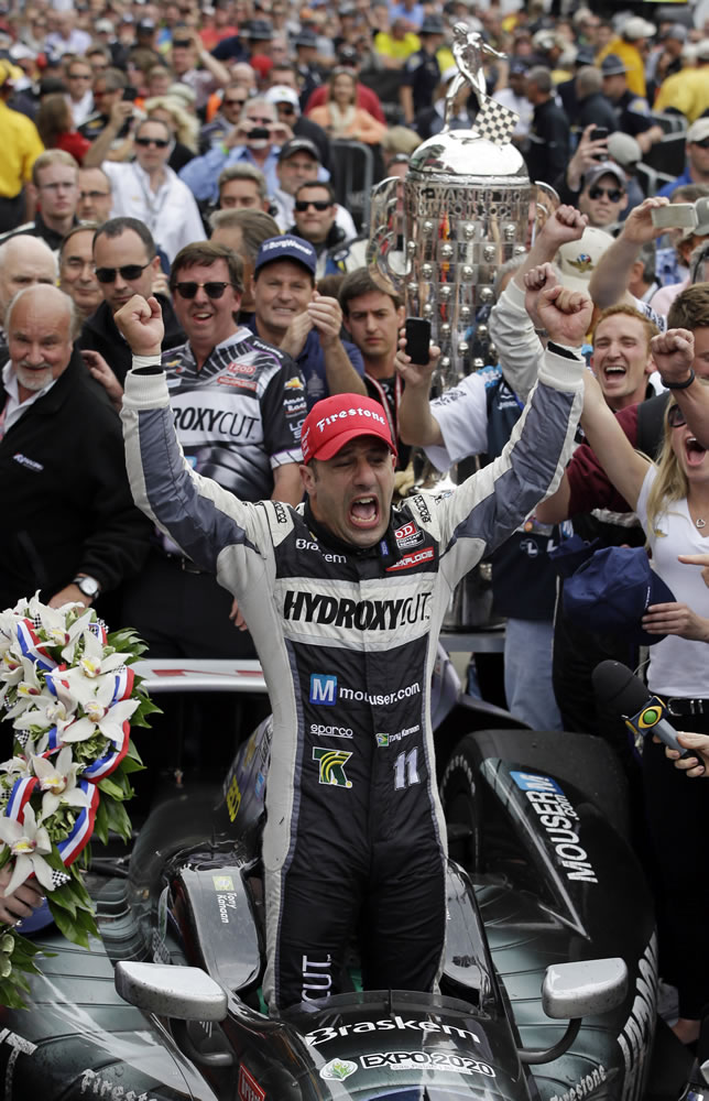 Tony Kanaan, of Brazil, celebrates Sunday after winning his first Indianapolis 500.
