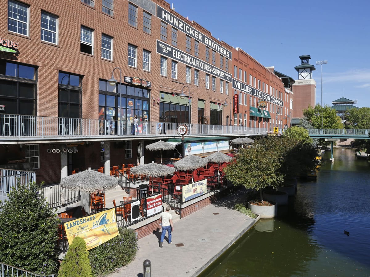 Shops and restaurants line the Bricktown Canal in Oklahoma City.