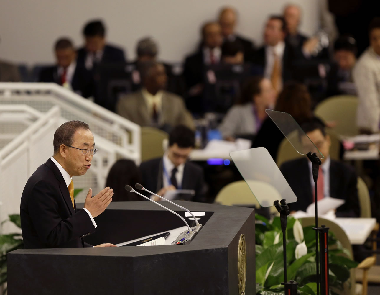 United Nations Secretary-General Ban Ki-moon speaks during the 68th session of the General Assembly at U.N.