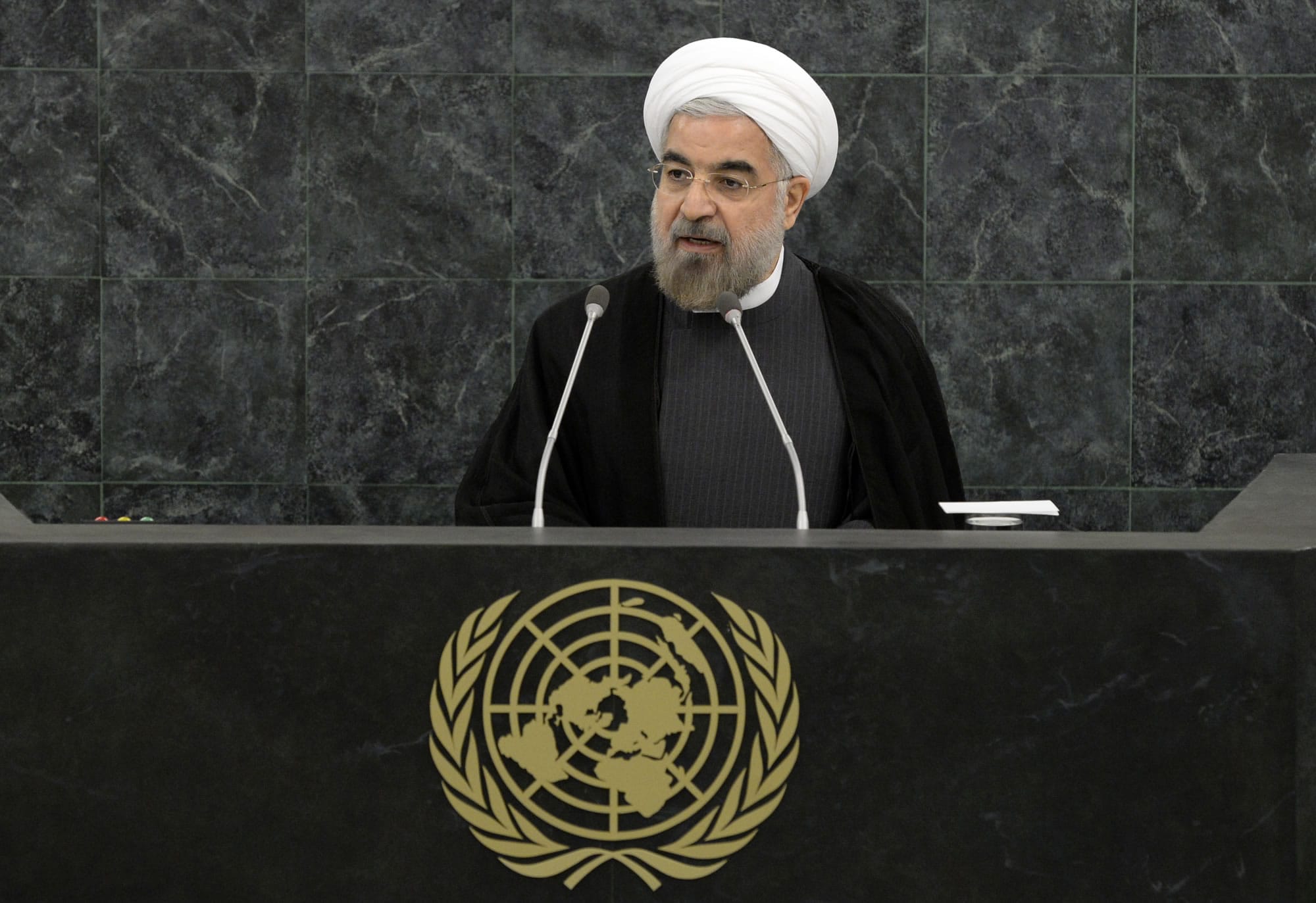 Iranian President Hassan Rouhani addresses a high-level meeting on Nuclear Disarmament during the 68th United Nations General Assembly on Thursday at U.N.