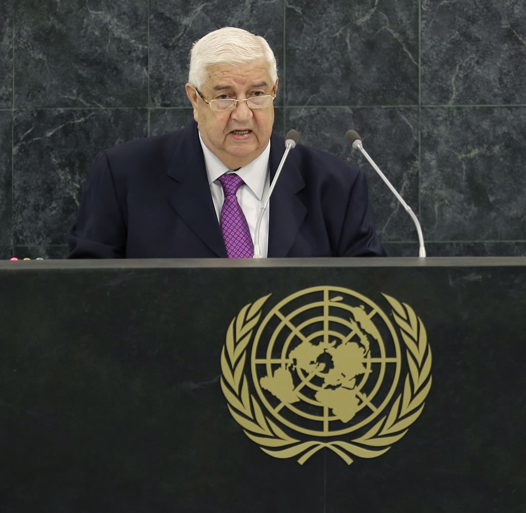 Syrian Deputy Prime Minister Walid al-Moualem speaks during the 68th session of the General Assembly at United Nations headquarters on Monday.