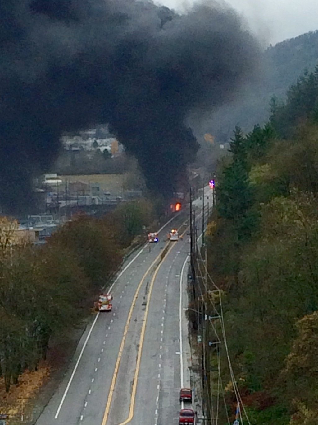 Crews respond to a fire caused by a fatal crash between a tractor-trailer and a train this morning.
