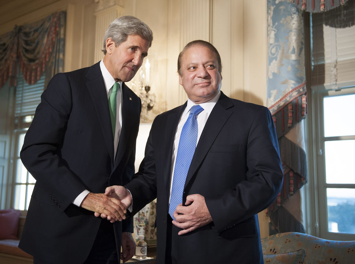 ecretary of State John Kerry meets with Pakistan Prime Minister Nawaz Sharif at the State Department in Washington.