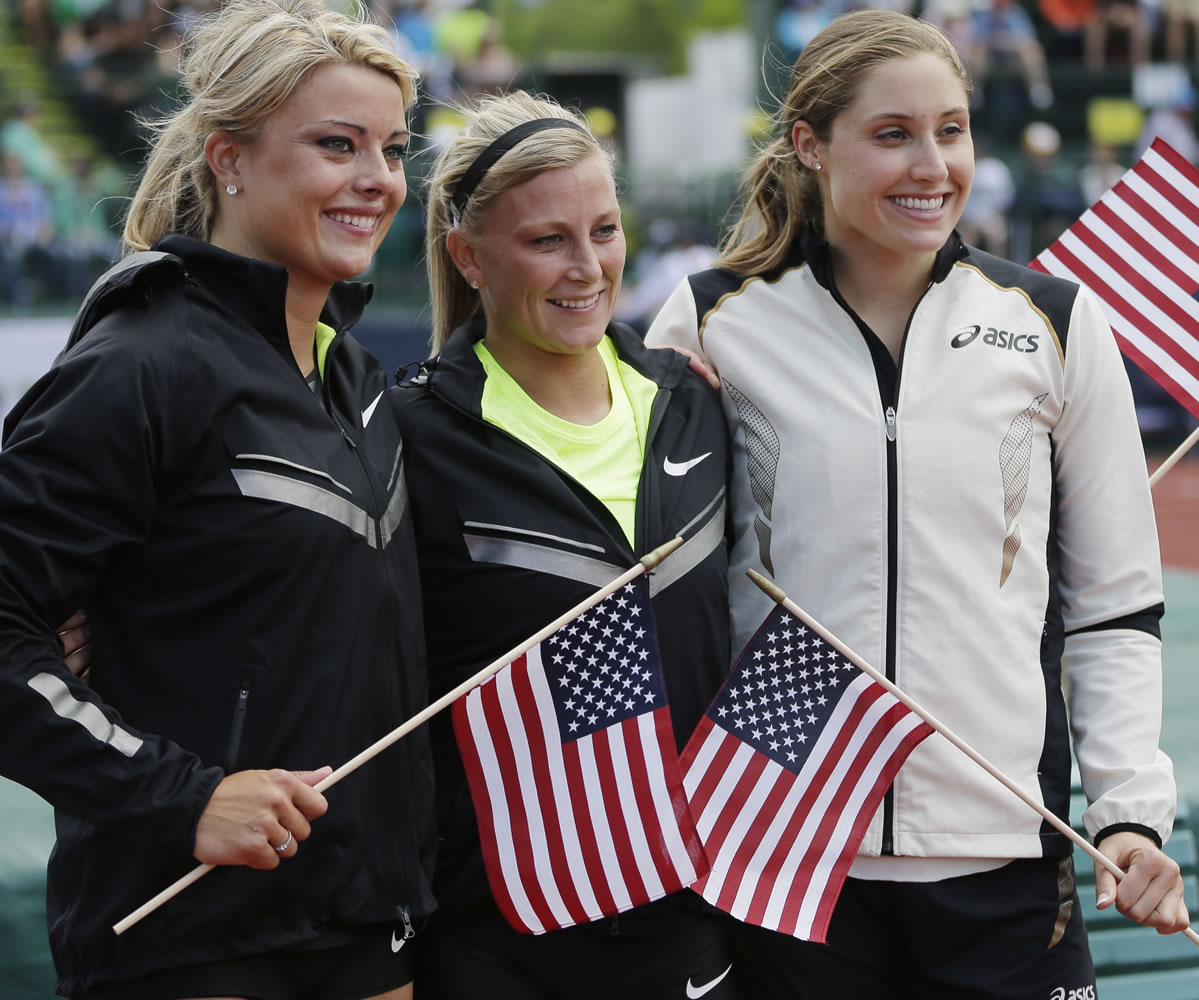 Heading to London to compete in the women's javelin are Brittany Borman, left, Rachel Yurkovich and Kara Patterson.