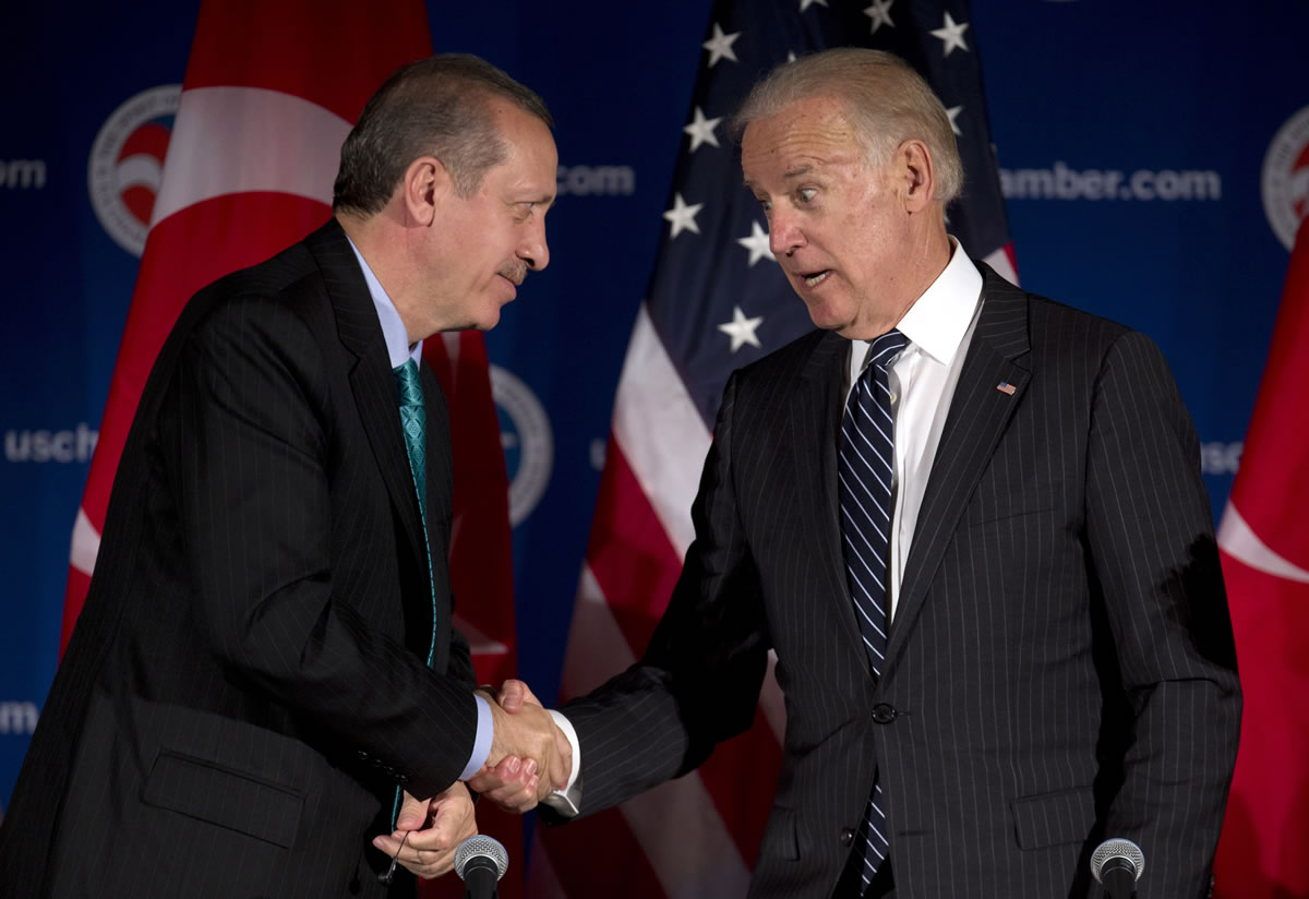 Vice President Joe Biden, right, and Turkish Prime Minister Recep Tayyip Erdogan, shake hands during a roundtable discussion hosted by the U.S. Chamber of Commerce on Thursday at the U.S.