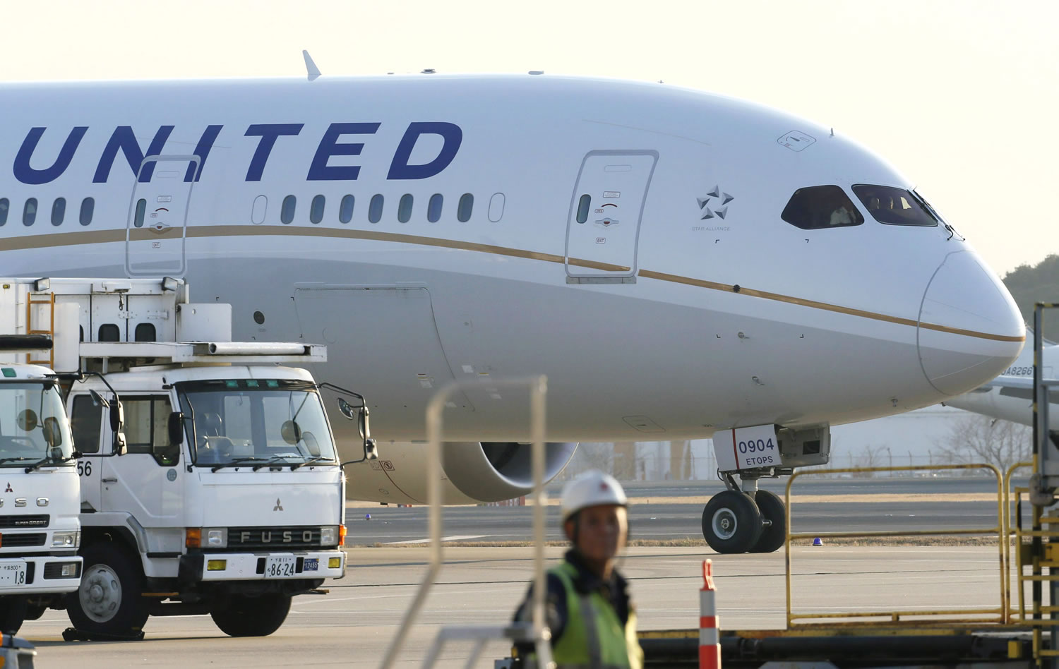 A United Airlines Boeing 787 is parked at Narita international airport in Narita, east of Tokyo in January.