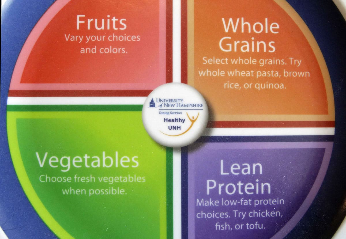 Newly designed plates used in the dining hall at the University of New Hampshire in Durham, N.H., are printed with dietary guidelines in the hope students will choose healthier eating habits.